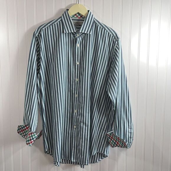 Jack Stone Button Down Shirt Men XLarge White And Green DressShirt Contrast Cuff - Picture 1 of 10